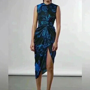 YIGAL AZROUEL $700 Asymmetrical Knot High Slit Midi Dress Hawaiian Floral Artsy